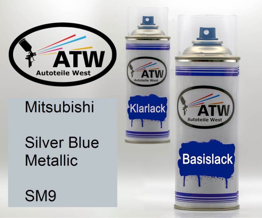 Mitsubishi, Silver Blue Metallic, SM9: 400ml Sprühdose + 400ml Klarlack - Set, von ATW Autoteile West.